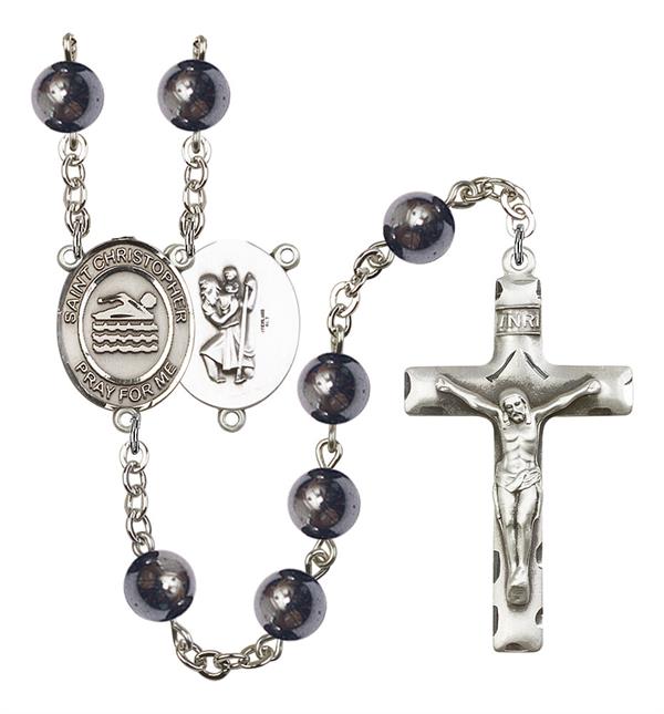 St. Christopher / Swimming Rosary, 8mm Hematite Beads, Silver Plate, # 11201