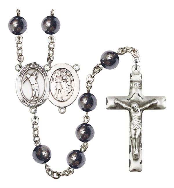 St. Sebastian / Golf Rosary, 8mm Hematite Beads, Silver Plate, # 11206