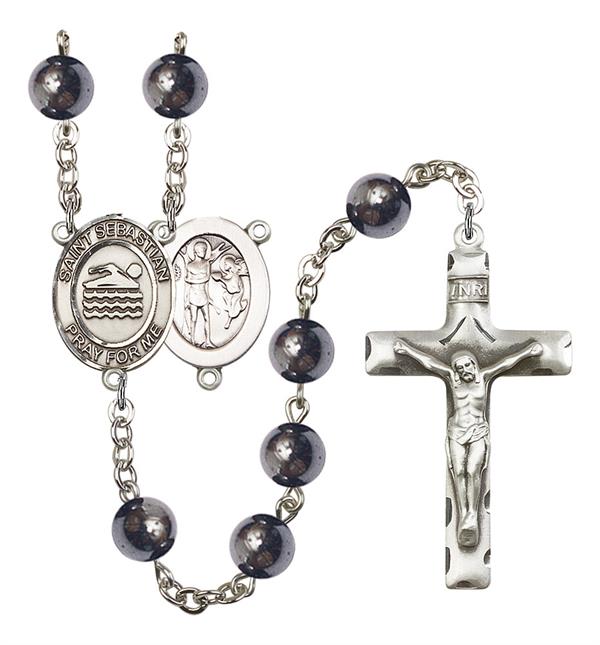 St. Sebastian / Swimming Rosary, 8mm Hematite Beads, Silver Plate, # 11211