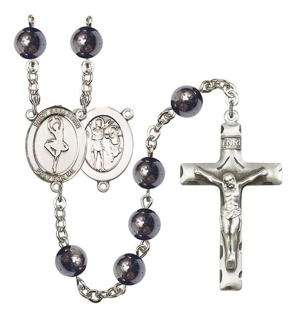 St. Sebastian / Dance Rosary, 8mm Hematite Beads, Silver Plate, # 11217