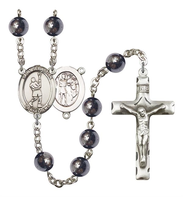 St. Sebastian / Lacrosse Rosary, 8mm Hematite Beads, Silver Plate, # 11218