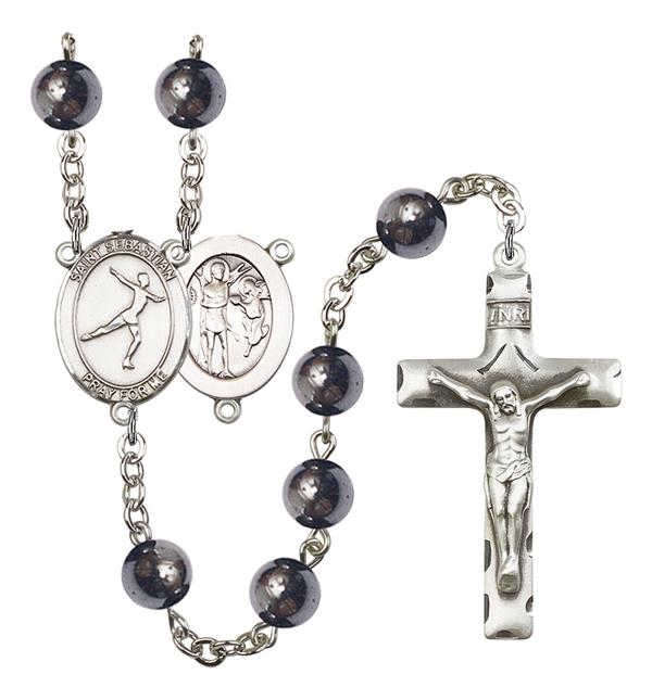 St. Sebastian / Figure Skating Rosary, 8mm Hematite Beads, Silver Plate, # 11221