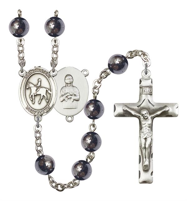 St. Kateri / Equestrian Rosary, 8mm Hematite Beads, Silver Plate, # 11226
