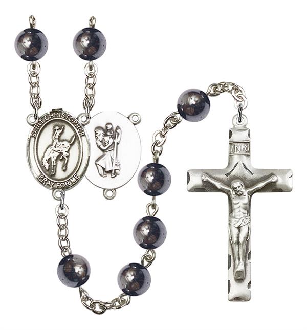 St. Christopher / Rodeo Rosary, 8mm Hematite Beads, Silver Plate, # 11236