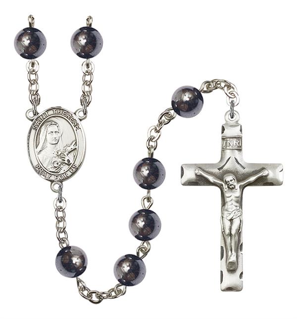 St. Therese of Lisieux Rosary, 8mm Hematite Beads, Silver Plate, # 11259