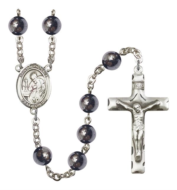 St. Alphonsus Rosary, 8mm Hematite Beads, Silver Plate, # 11272