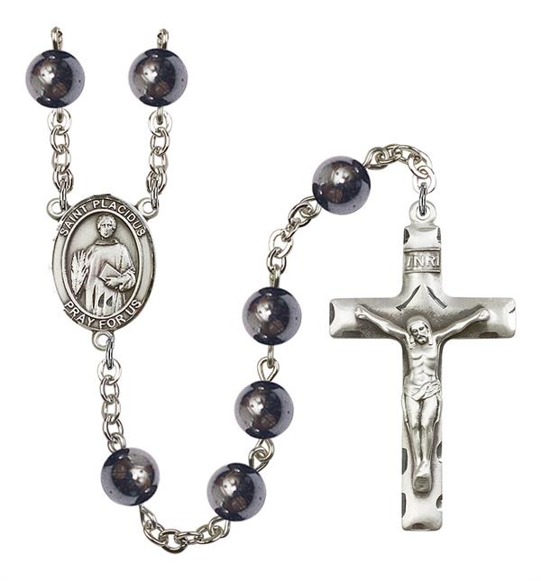St. Placidus Rosary, 8mm Hematite Beads, Silver Plate, # 11307