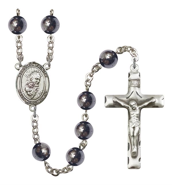 Blessed Trinity Rosary, 8mm Hematite Beads, Silver Plate, # 11318