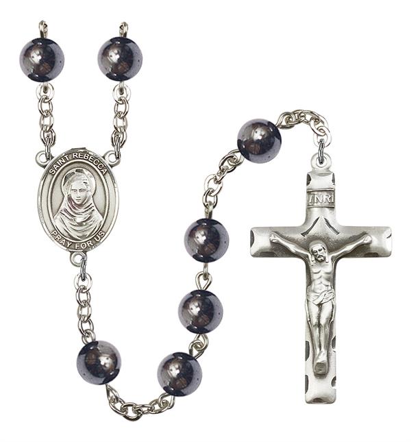 St. Rebecca Rosary, 8mm Hematite Beads, Silver Plate, # 11321