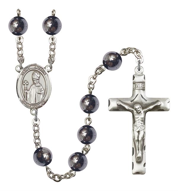 St. Austin Rosary, 8mm Hematite Beads, Silver Plate, # 11326