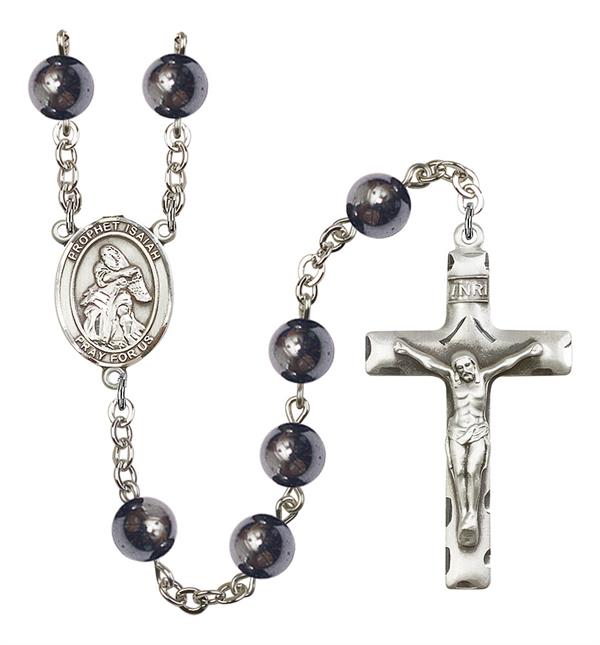 St. Isaiah Rosary, 8mm Hematite Beads, Silver Plate, # 11328
