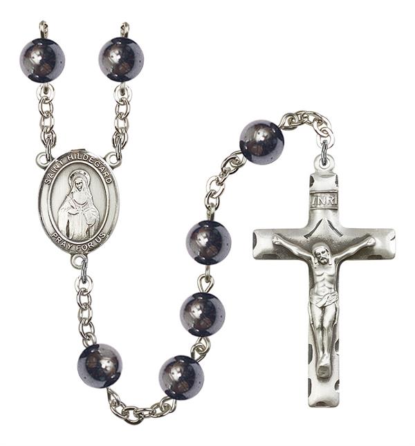 St. Hildegard von Bingen Rosary, 8mm Hematite Beads, Silver Plate, # 11330