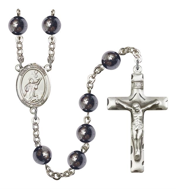 St. Tarcisius Rosary, 8mm Hematite Beads, Silver Plate, # 11331