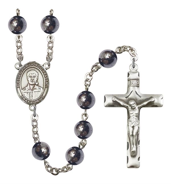 Blessed Pier Giorgio Frassati Rosary, 8mm Hematite Beads, Silver Plate, # 11356