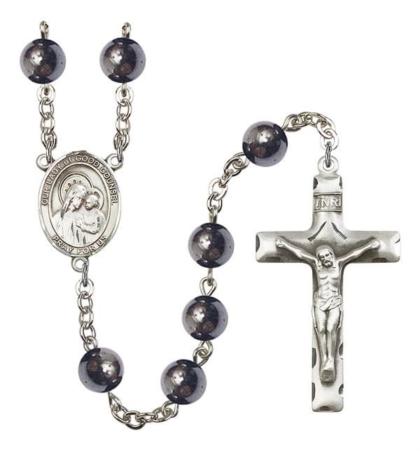 Our Lady of Good Counsel Rosary, 8mm Hematite Beads, Silver Plate, # 11366