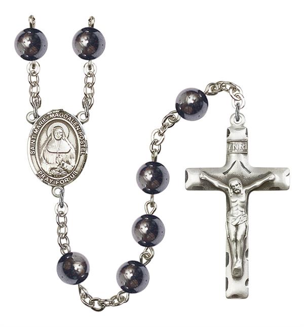 St. Marie Magdalen Postel Rosary, 8mm Hematite Beads, Silver Plate, # 11378