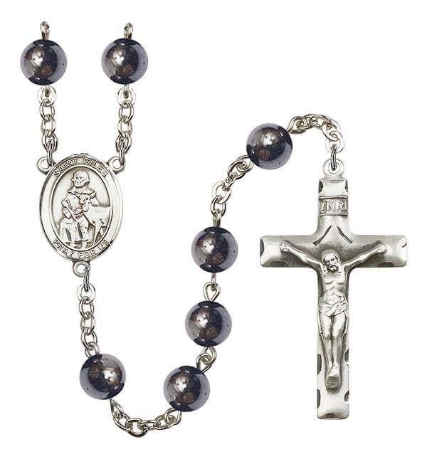 St. Giles Rosary, 8mm Hematite Beads, Silver Plate, # 11449