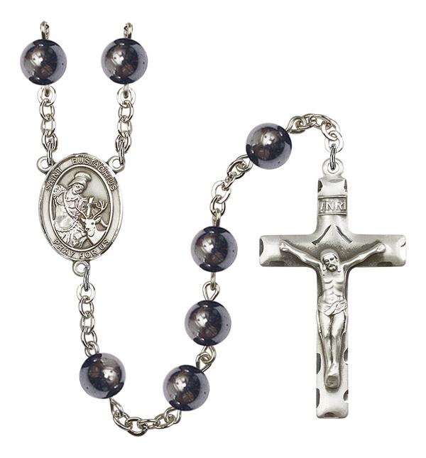St. Eustachius Rosary, 8mm Hematite Beads, Silver Plate, # 11456