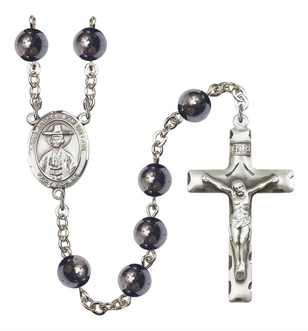 St. Andrew Kim Taegon Rosary, 8mm Hematite Beads, Silver Plate, # 11483