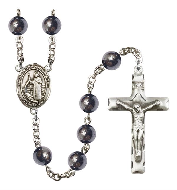 St. Raymond of Penafort Rosary, 8mm Hematite Beads, Silver Plate, # 11496