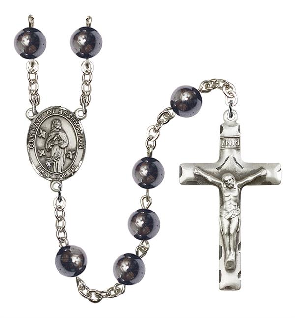 Our Lady of the Assumption Rosary, 8mm Hematite Beads, Silver Plate, # 11499