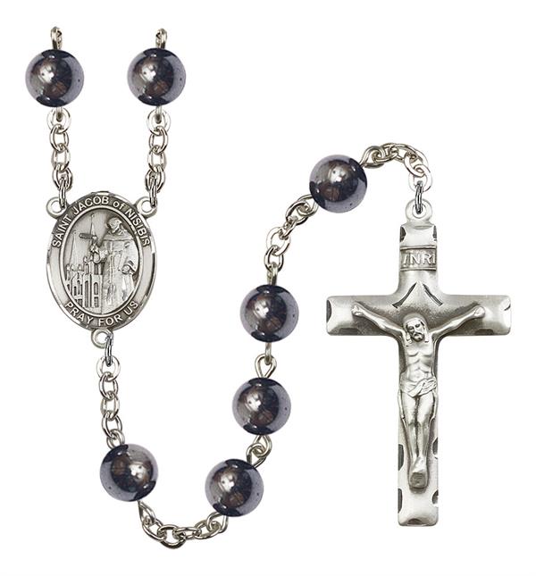 St. Jacob of Nisibis Rosary, 8mm Hematite Beads, Silver Plate, # 11503