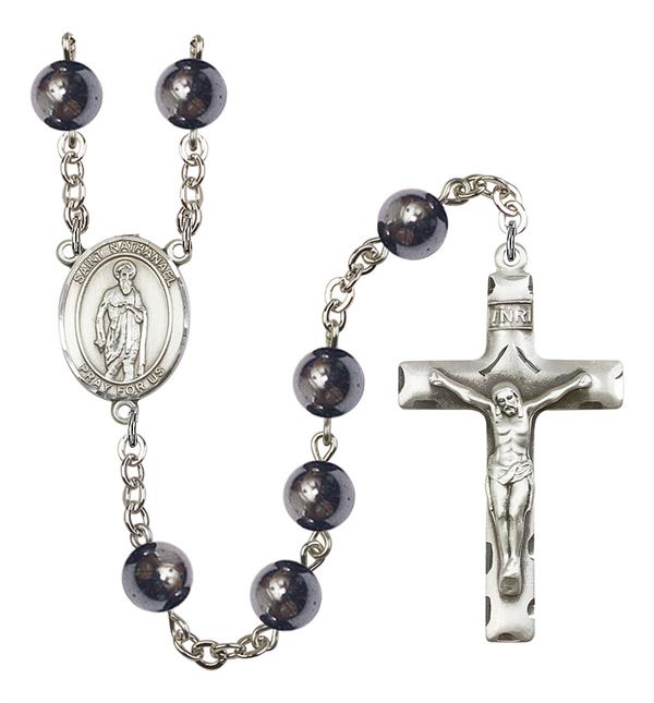 St. Nathanael Rosary, 8mm Hematite Beads, Silver Plate, # 11508