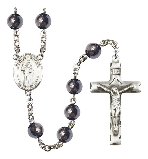 St. Columbkille Rosary, 8mm Hematite Beads, Silver Plate, # 11509