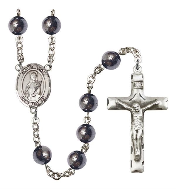 St. Lucy Rosary, 8mm Hematite Beads, Silver Plate, # 11533