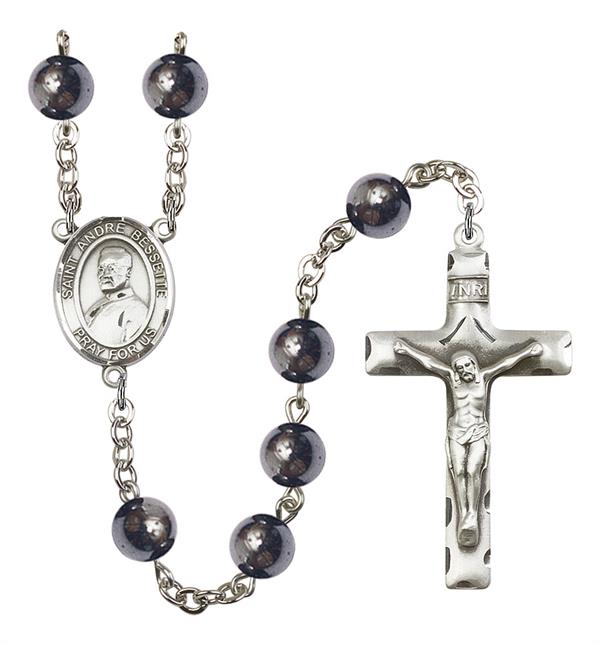 St. Andre Bessette Rosary, 8mm Hematite Beads, Silver Plate, # 11535