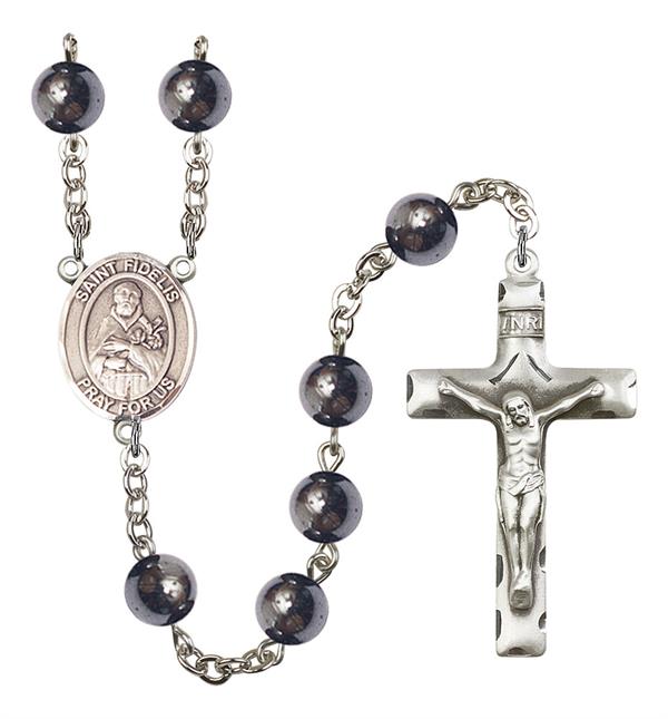 St. Fidelis Rosary, 8mm Hematite Beads, Silver Plate, # 11537