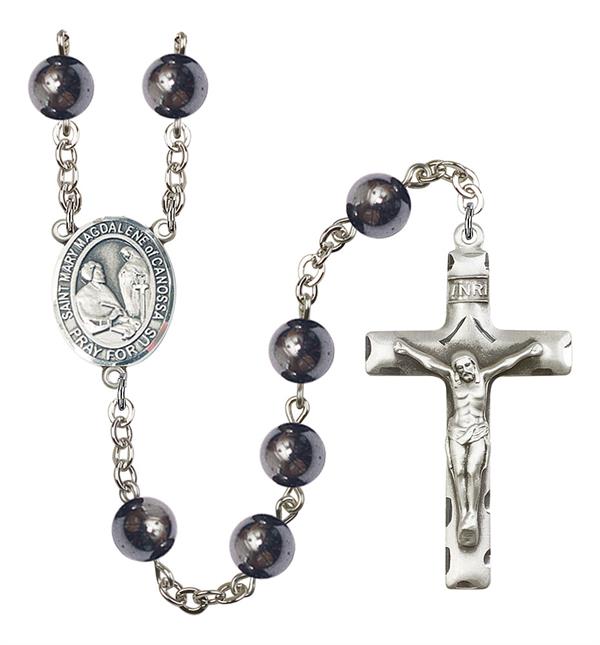 St. Mary Magdalene of Canossa Rosary, 8mm Hematite Beads, Silver Plate, # 11540