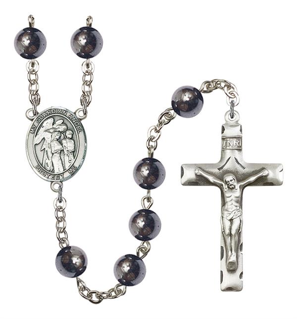 Guardian Angel w/ Children Rosary, 8mm Hematite Beads, Silver Plate, # 11549