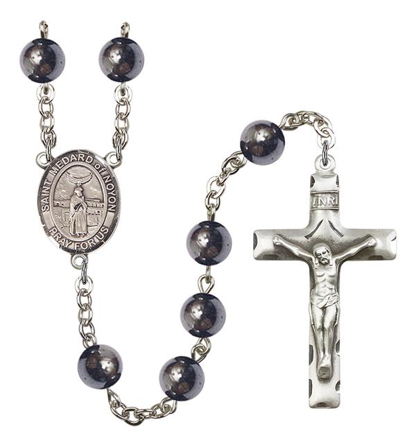 St. Medard of Noyon Rosary, 8mm Hematite Beads, Silver Plate, # 11554