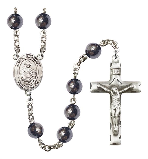 St. Norbert of Xanten Rosary, 8mm Hematite Beads, Silver Plate, # 11556