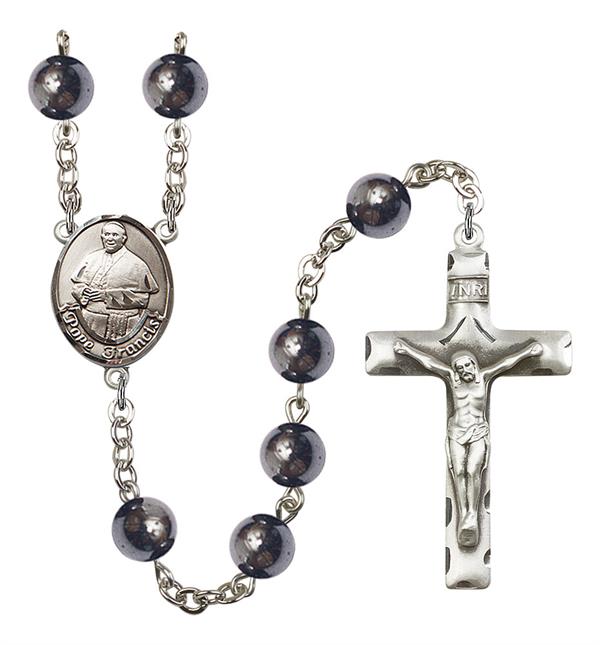 Pope Francis Rosary, 8mm Hematite Beads, Silver Plate, # 11560