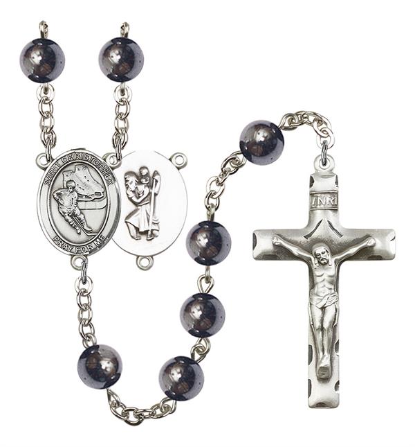 St. Christopher / Hockey Rosary, 8mm Hematite Beads, Silver Plate, # 11567