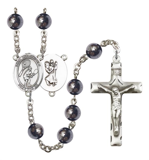 St. Christopher / Tennis Rosary, 8mm Hematite Beads, Silver Plate, # 11568