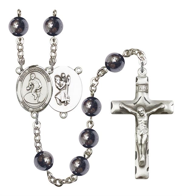 St. Christopher / Wrestling Rosary, 8mm Hematite Beads, Silver Plate, # 11571
