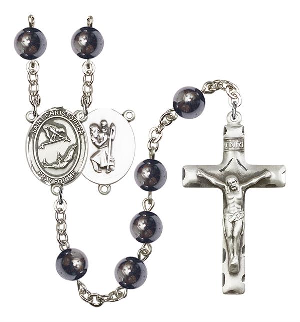 St. Christopher / Gymnastics Rosary, 8mm Hematite Beads, Silver Plate, # 11576