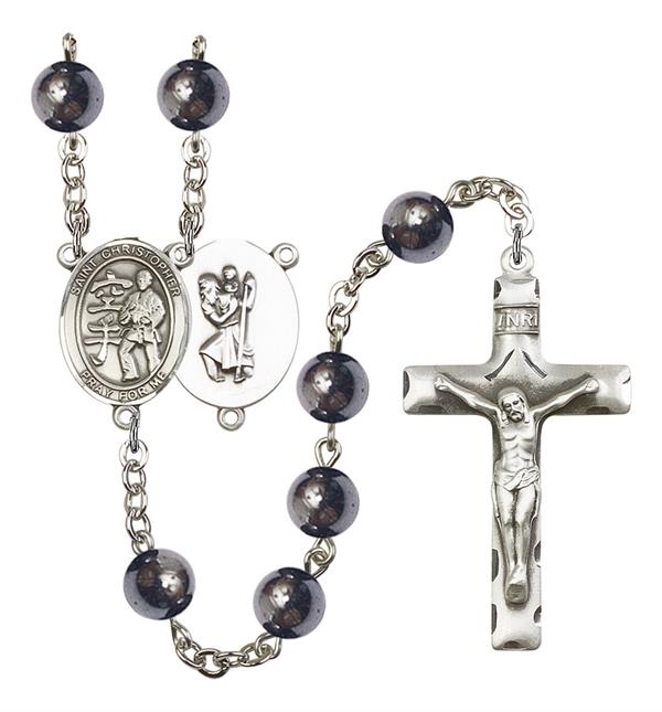 St. Christopher / Karate Rosary, 8mm Hematite Beads, Silver Plate, # 11578