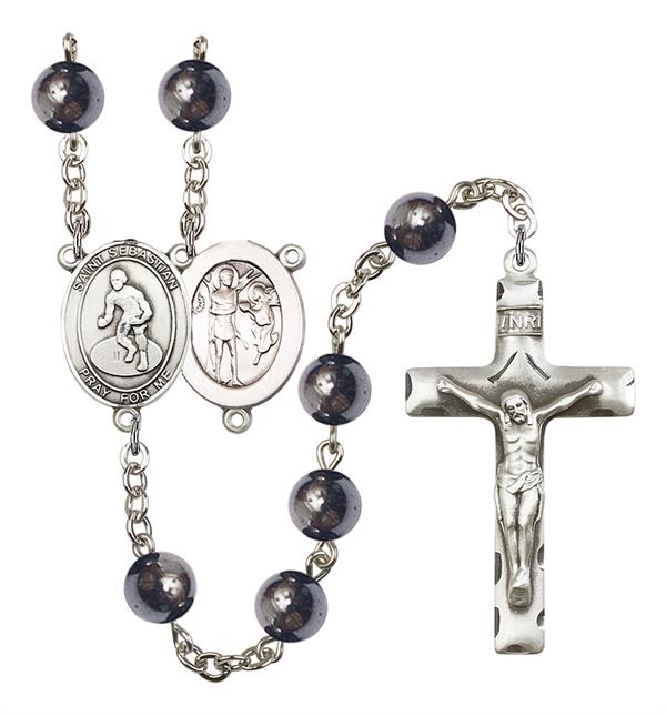 St. Sebastian / Wrestling Rosary, 8mm Hematite Beads, Silver Plate, # 11588