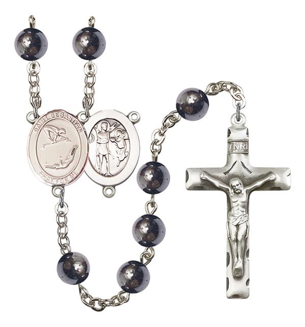 St. Sebastian / Gymnastics Rosary, 8mm Hematite Beads, Silver Plate, # 11593