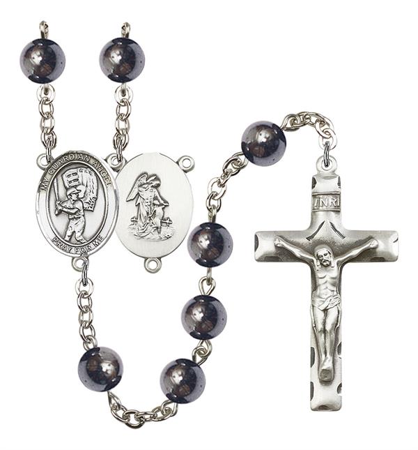 Guardian Angel / Baseball Rosary, 8mm Hematite Beads, Silver Plate, # 11598