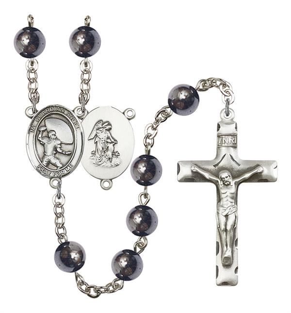 Guardian Angel / Football Rosary, 8mm Hematite Beads, Silver Plate, # 11599