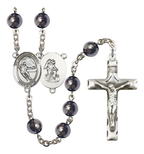 Guardian Angel / Hockey Rosary, 8mm Hematite Beads, Silver Plate, # 11602