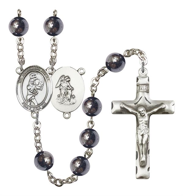 Guardian Angel / Softball Rosary, 8mm Hematite Beads, Silver Plate, # 11605