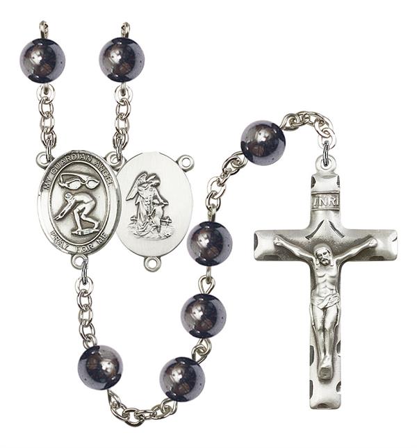 Guardian Angel / Swimming Rosary, 8mm Hematite Beads, Silver Plate, # 11609