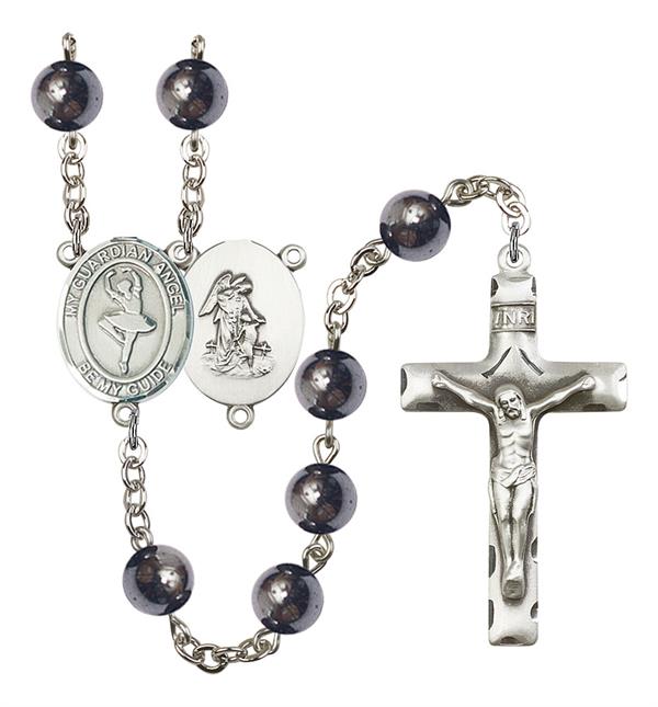 Guardian Angel / Dance Rosary, 8mm Hematite Beads, Silver Plate, # 11610