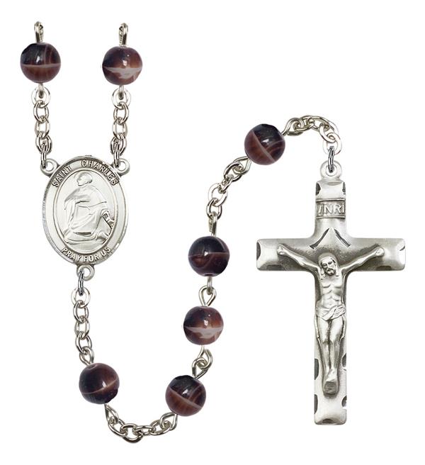 St. Charles Rosary, 7mm Brown Glass Beads, Silver Plate, # 12072